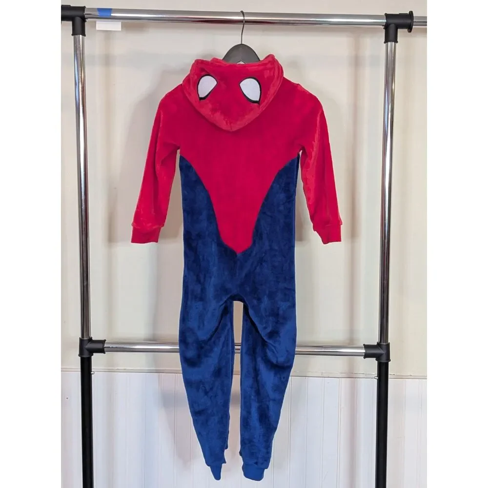 Boys Spider-Man One Piece Pajamas Size 8 Hooded Fleece Sleeper Red Blue